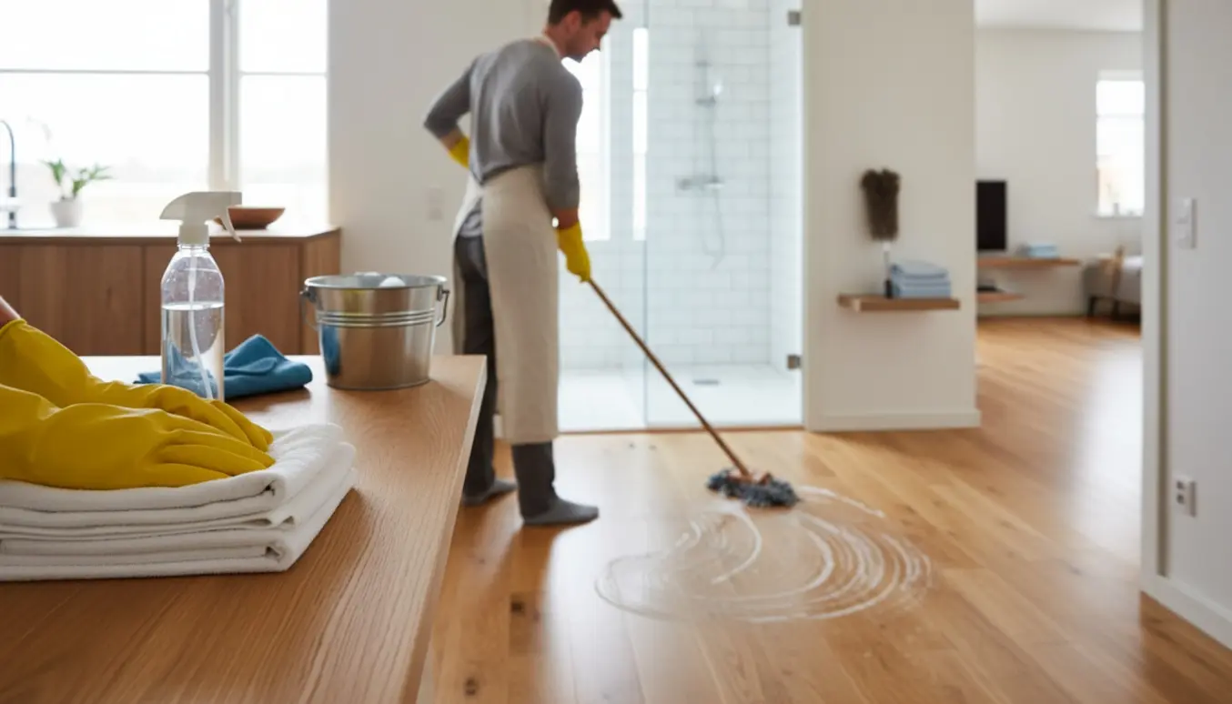 Rengøringshjælp folder nyvasket tøj og vasker gulvet i et lyst, moderne hjem.