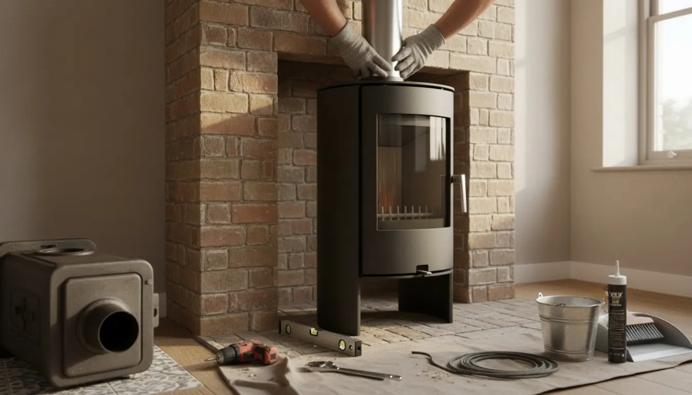 Cylinderformet brændeovn med glaslåge monteres ved ildstedet, hænder i arbejdshandsker og værktøj omkring.