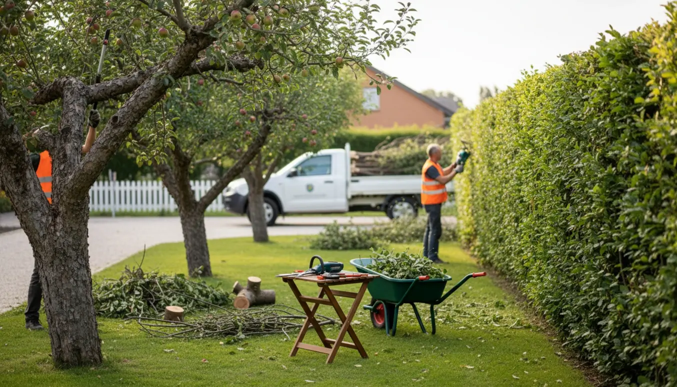 Have hvor et stort og to mindre æbletræer samt en tæt hæk bliver beskåret, med grene samlet klar til bortkørsel.