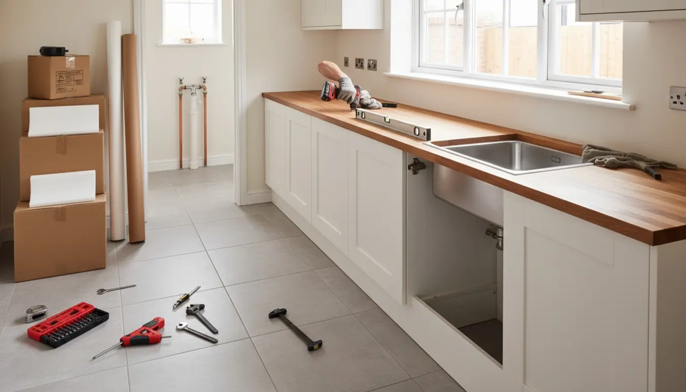 Håndværker monterer køkkenskabe og værktøj i et lyst, moderne køkken uden synlige ansigter.