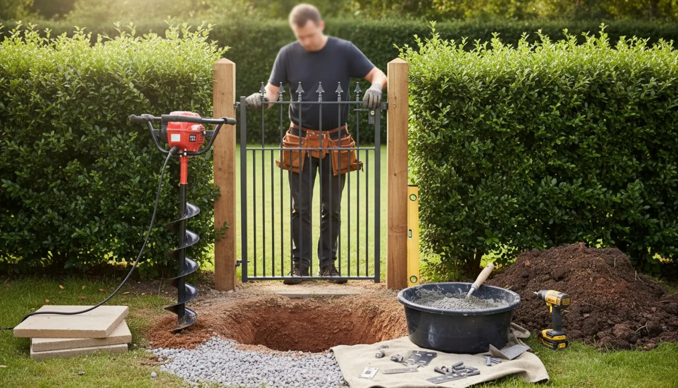 Installation af to stolper og montering af en høj havelåge i en hækåbning med pælebor, beton og værktøj.