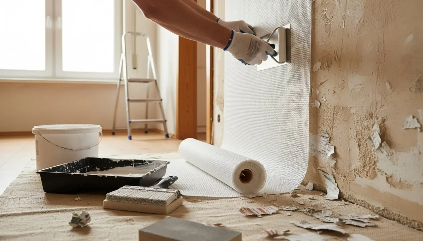 Opsætning af glasvæv i en stue efter fjernelse af skum- og savsmuldstapet.