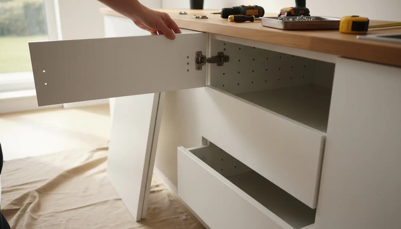 Nye køkkenlåger ligger klar ved et IKEA-køkken, mens en hånd justerer et hængsel ved et åbent skab.