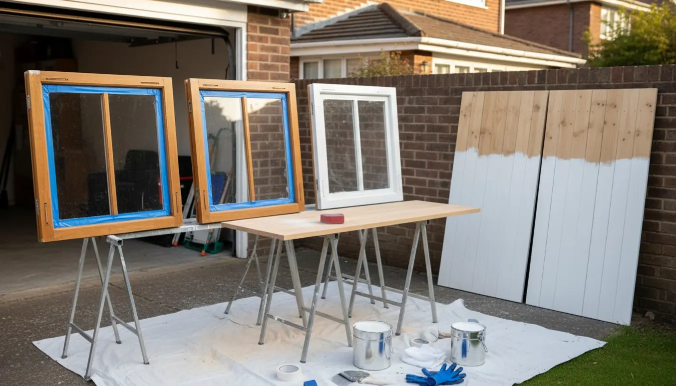 Tre små to-fags vinduer på bukke, et udvendigt træpanel let slebet og to hegnspaneler klar til hvid maling med malerredskaber.