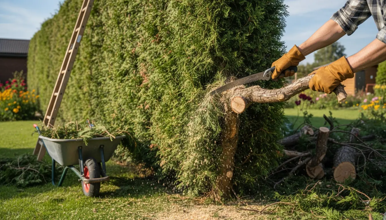 Thuja beskæres med en sav, friske grene og savsmuld ligger i en bunke i en solrig have.