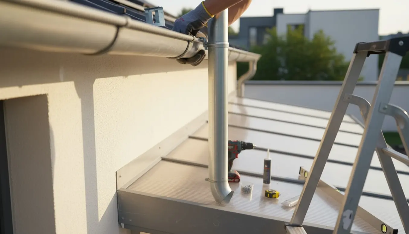 Montage af zinknedløbsrør fra en stige ved et plexitag med beslag og værktøj.