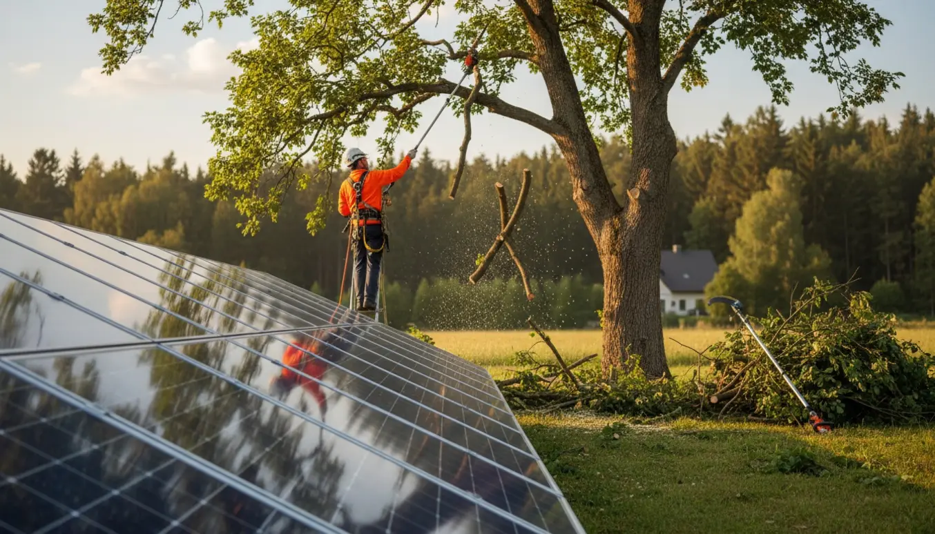 En bagfra set arbejder i beskyttelsesudstyr beskærer trækrone over et solcelleanlæg, med afskårne grene ved siden af.