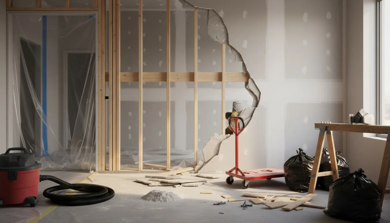 Delvist nedrevet gipsvæg med synlige stolper, handsker og værktøj samt bunker gips klar til bortskaffelse.