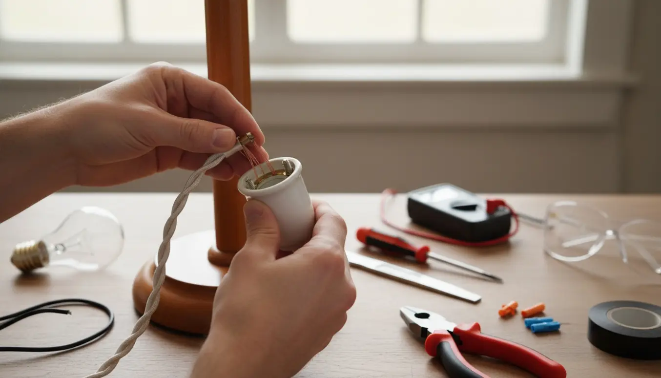 Hænder udskifter ledningen på en bordlampe med porcelænsfatning.