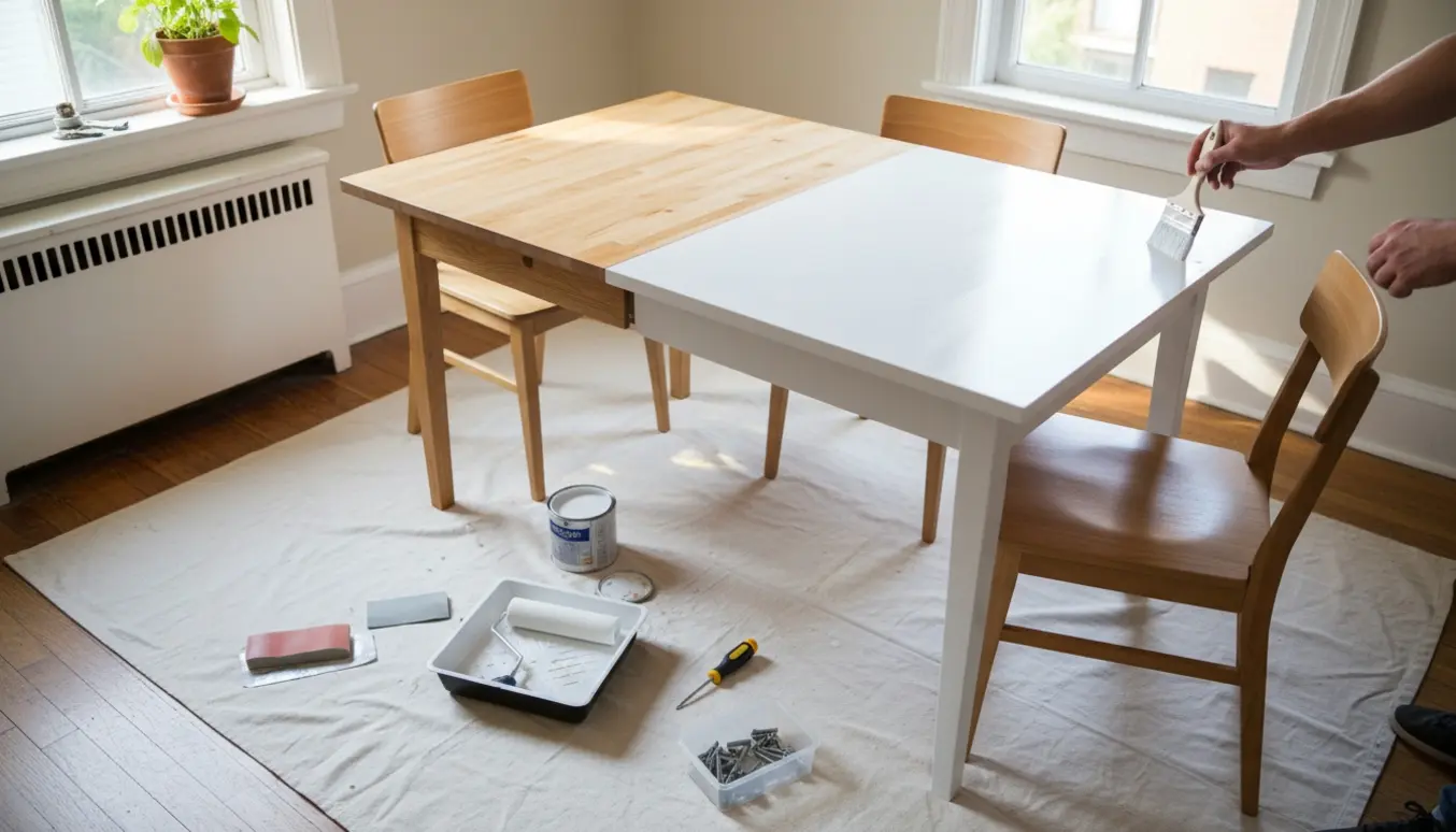 Udtræksbirkebord i rækkehus halvt malet hvidt med malerværktøj omkring.
