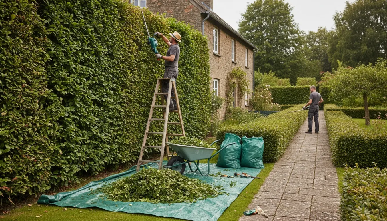 To personer trimmer en høj hæk langs husets side, med afklip samlet i trillebør og grønne affaldssække.