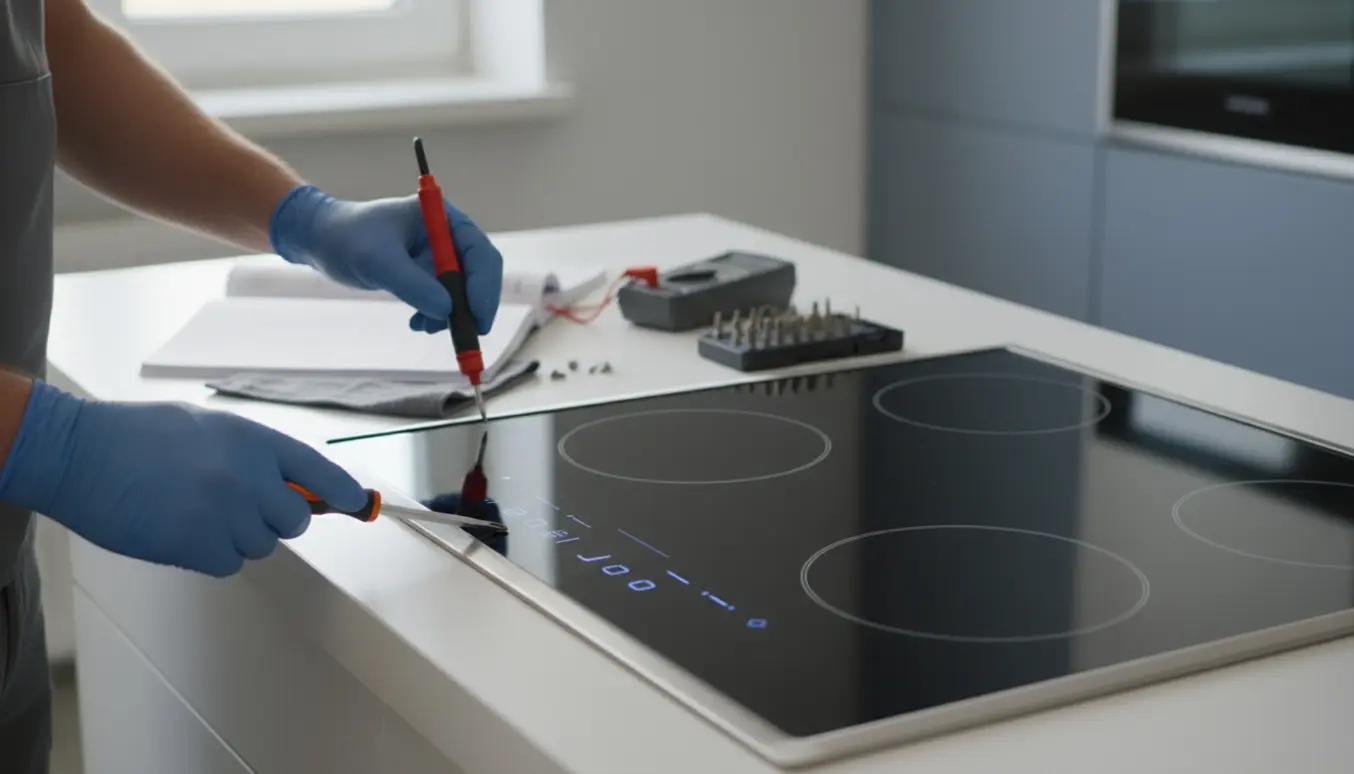 Nærbillede af en indbygningskogeplade under fejlfinding med lysende touchpanel og værktøj ved siden af.