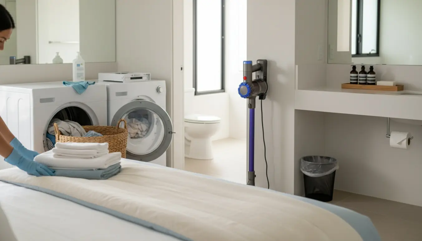 Rengjort Airbnb-værelse med frisk sengetøj, åben vaskemaskine og organiserede badeprodukter.