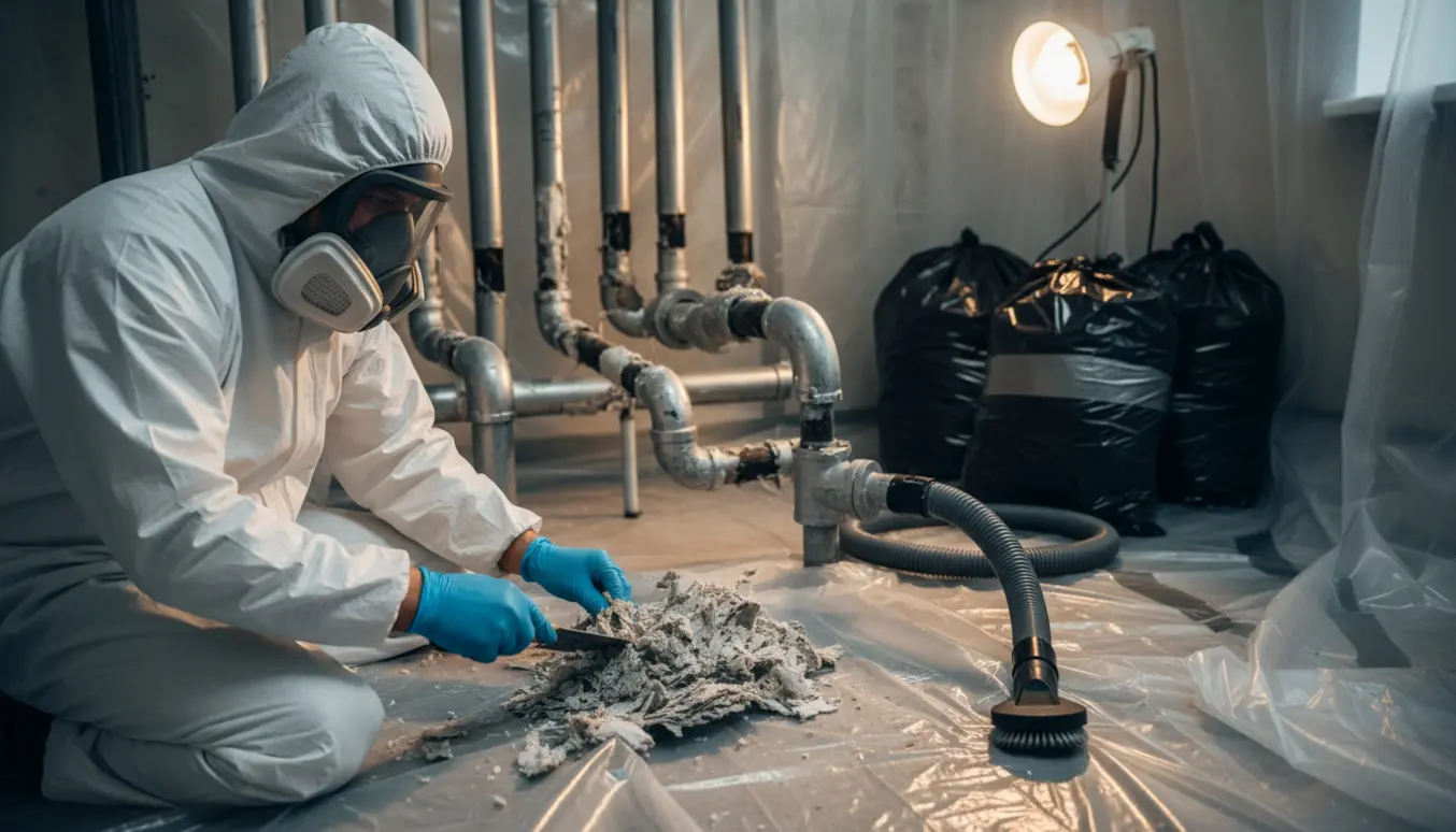 Beskyttet arbejder fjerner asbestisolation fra vandrør i en teknikrum med forseglede sække klar til bortskaffelse.