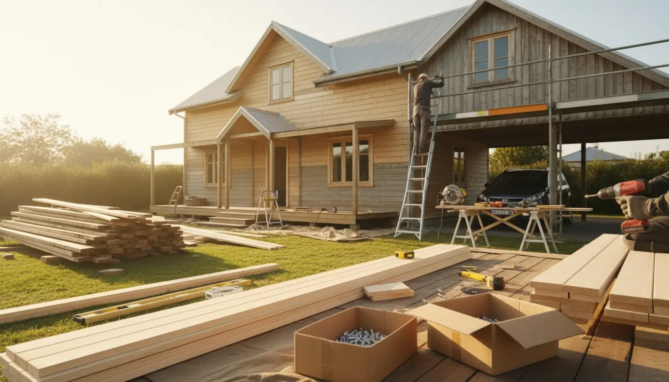 Hus under renovering af udvendigt træværk med stillads over carport og nye træbrædder klar til montering.