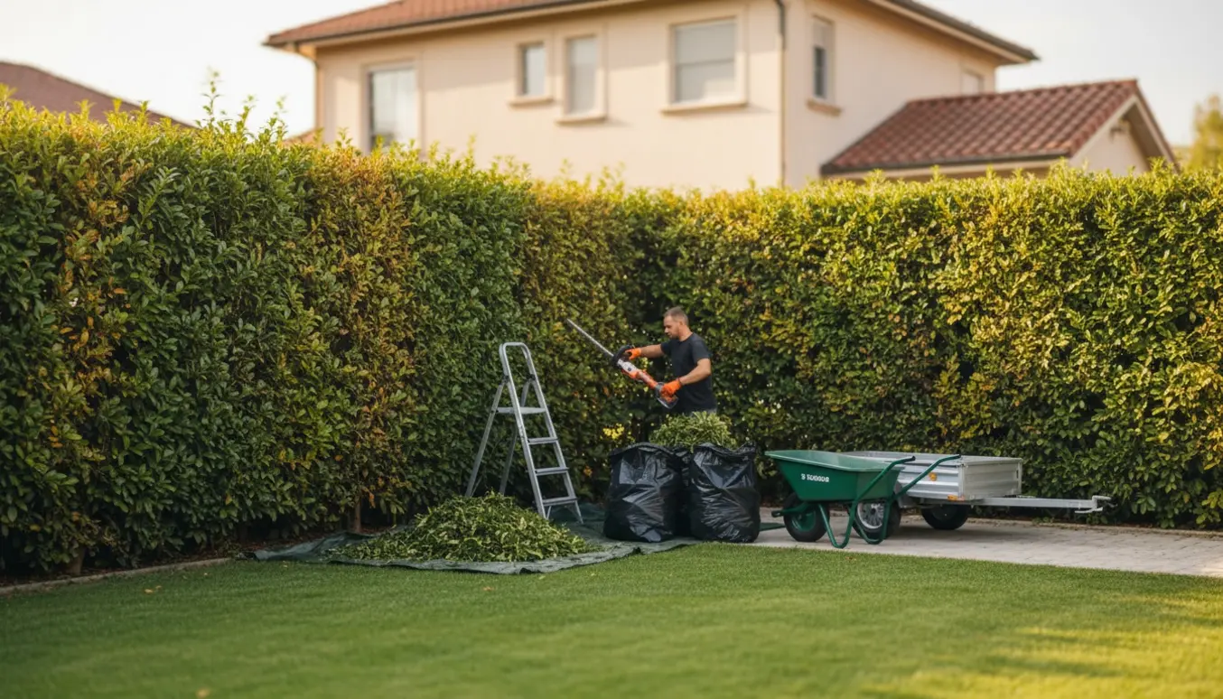 Lang hæk omkring parcelhus, topskåret med hækkeklipper og afklip samlet i sorte affaldssække.