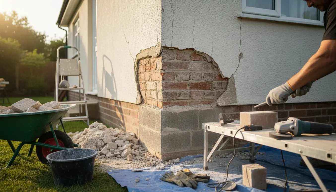 Murer fjerner gammel puds fra soklen på et hus med værktøj og bunker af nedfaldet puds.