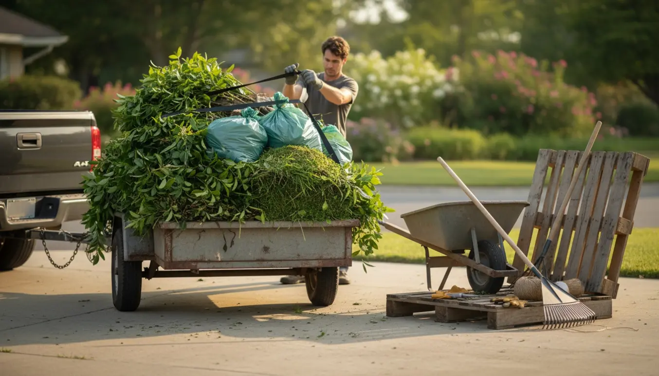 Trailer fyldt med haveaffald og tomme paller ved indkørslen klar til bortkørsel.