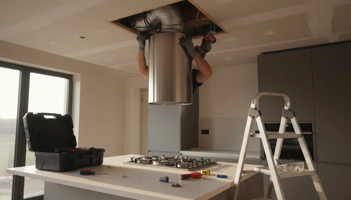 Installatør på stige monterer en rustfri emhætte i loftet over et komfur.