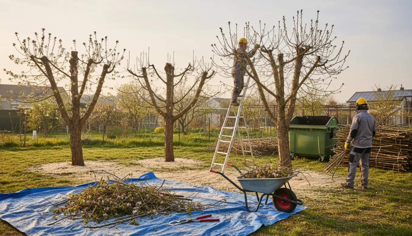 Beskæring af kirsebær- og æbletræer i en have med bunke af afklippede grene og redskaber.