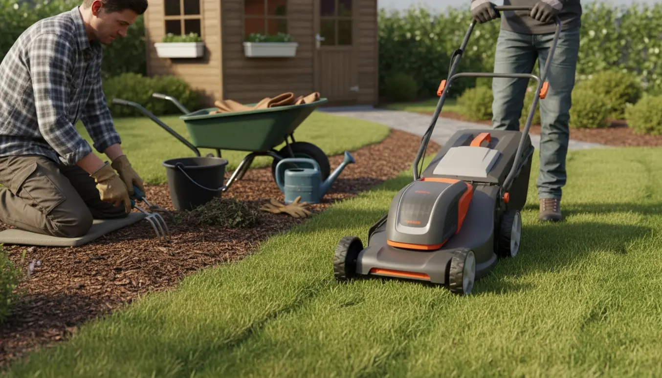 Havearbejde med plæneklipper og en person, der luger bede ved siden af.