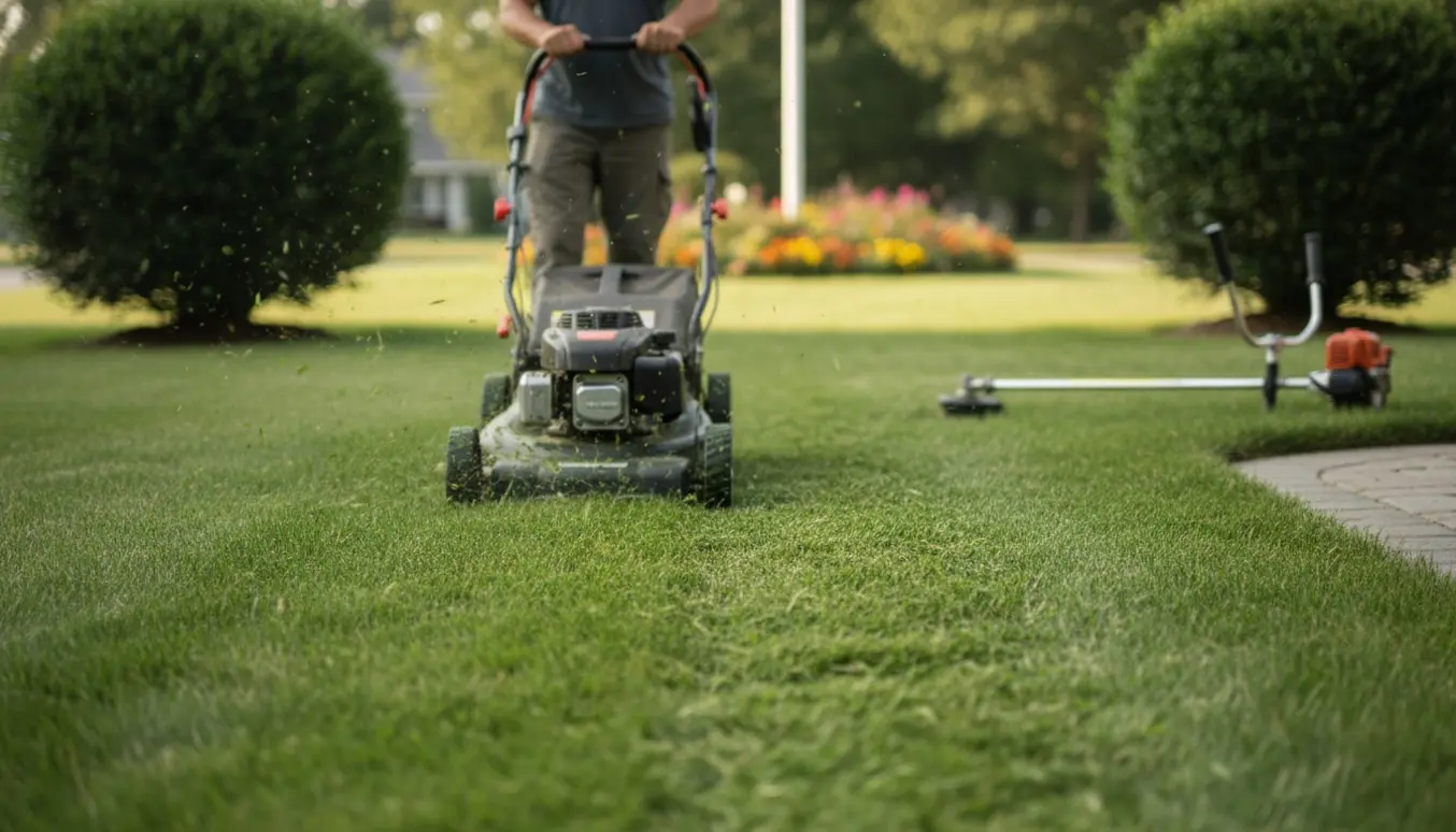 En person slår græsset med plæneklipper uden opsamling ved to små buske og en flagstang.