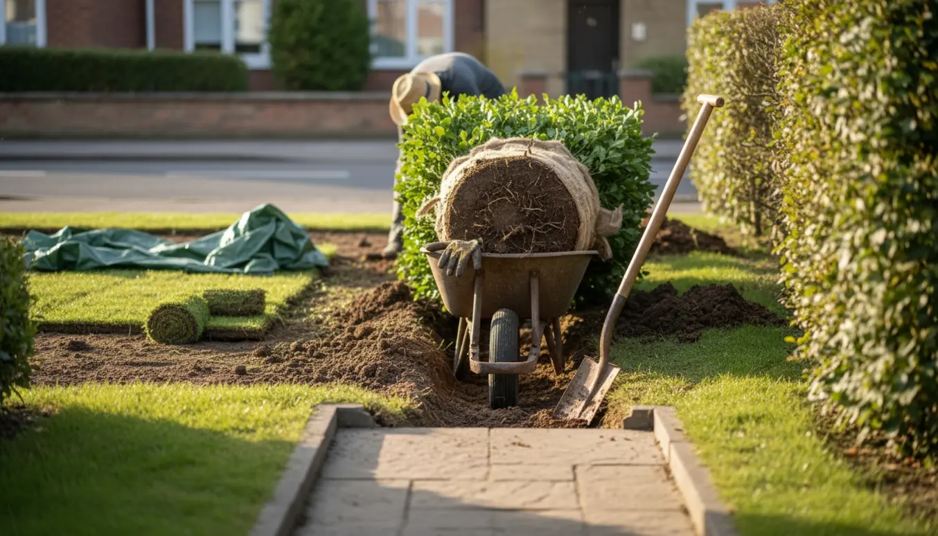 Bøgehæk i en forhave flyttes til en ny rende med spade, trillebør og pakket rodklump, tæt ved vejens adgang.