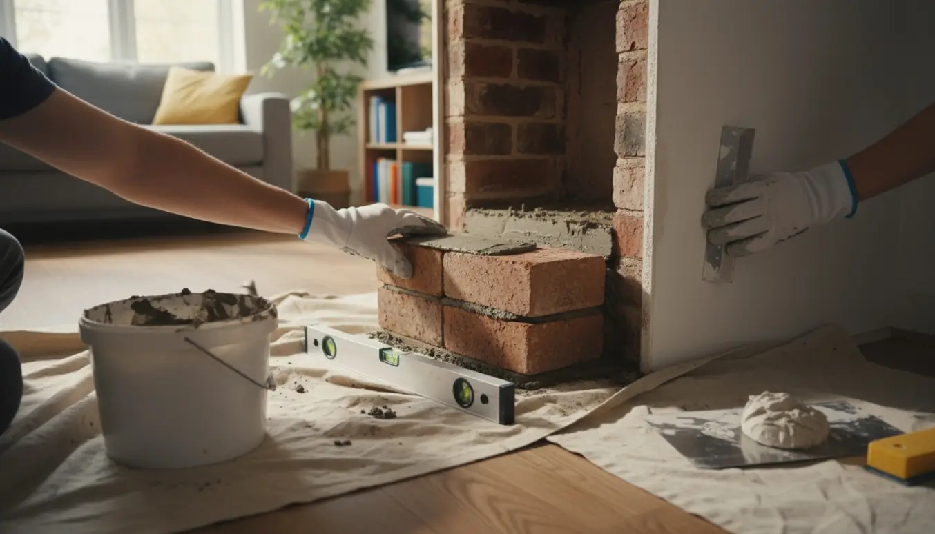 Nærbillede af hænder, der murer tre mursten i et hul til skorstenen og spartler det tidligere ovnhjørne klar til maling.