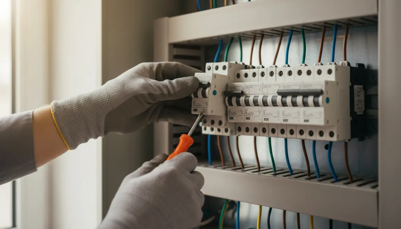 Hænder i isolerede handsker skifter en HFI/RCD-afbryder i en åben eltavle.