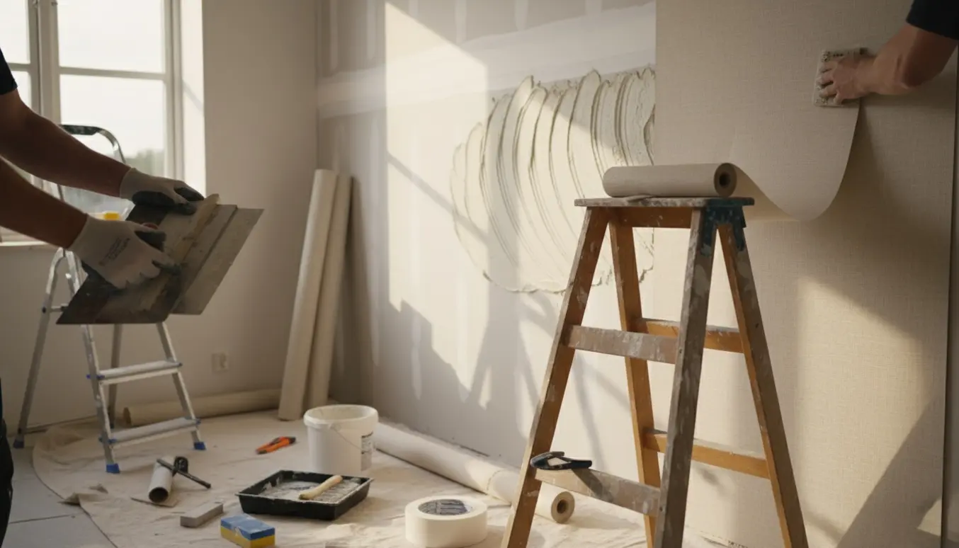 Hænder spartler en ny gipsvæg og opsætter tapet med værktøj på en beskyttet gulvklud.