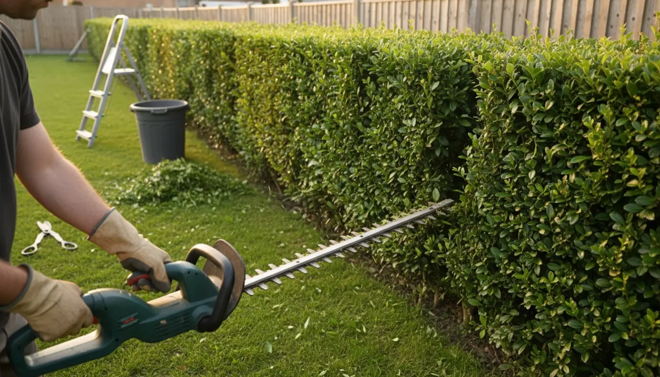 Præcis klipning af en ligusterhæk med friske afklip samlet ved en container.