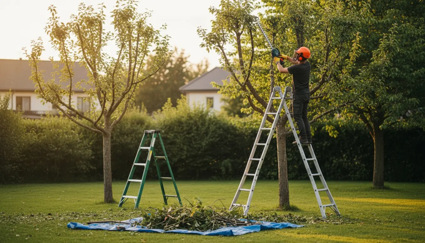 Person på stige trimmer toppen af to høje træer i en baghave med afklippede grene samlet på jorden.