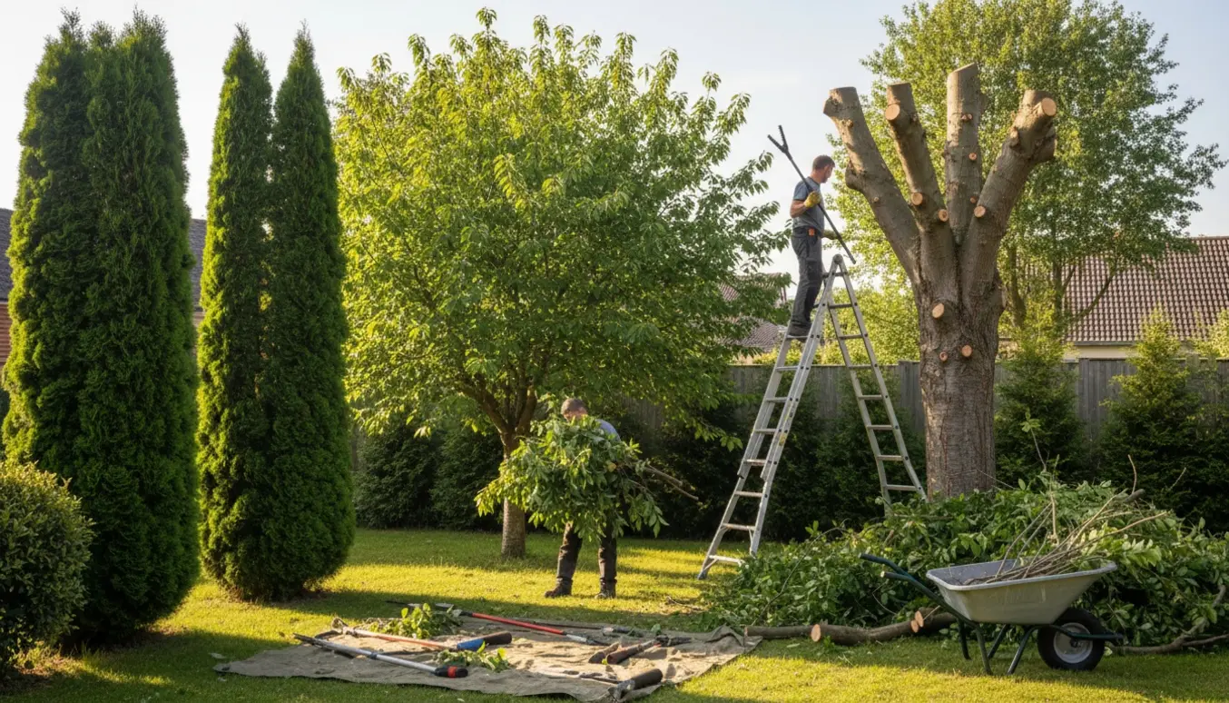 Beskæring af to høje tujaer, et kirsebærtræ og styning af et egetræ i en forstadshave med stige og en bunke afskårne grene.