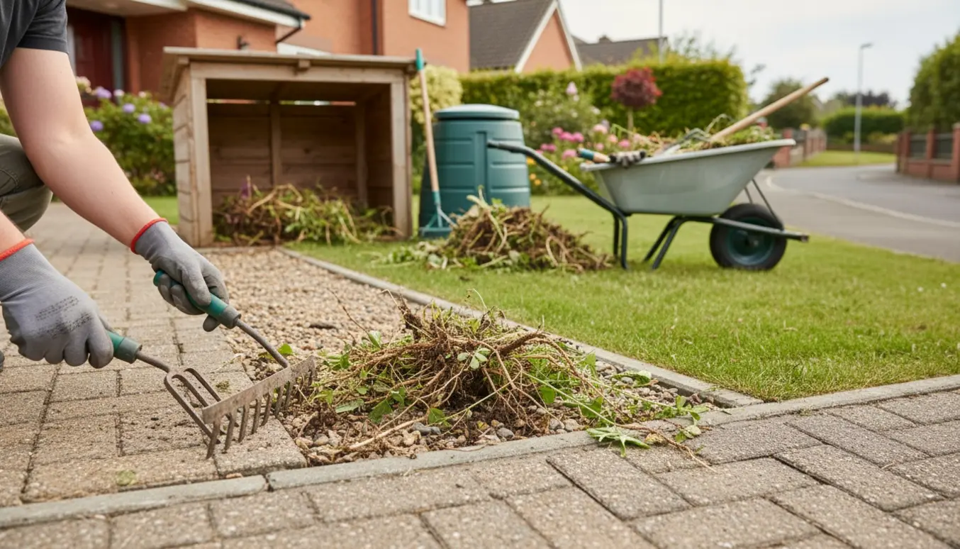 Handskenære billede af ukrudt, der rives op fra indkørsel og fortov med en bunke ukrudt ved komposten.