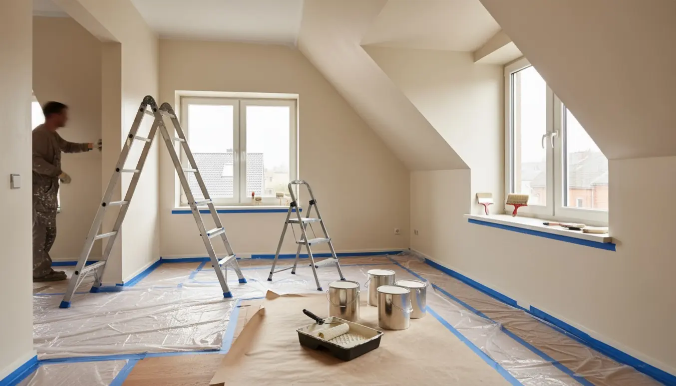 Lejlighed med skrå vægge under maling, afdækket nyligt slebet gulv, stiger og malerværktøj.