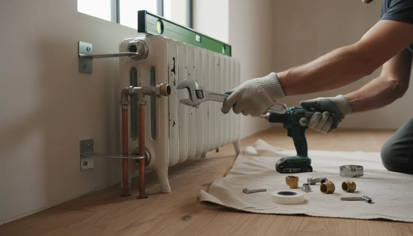 Håndværker monterer en radiator i et nyt værelse og tilpasser rør og beslag.