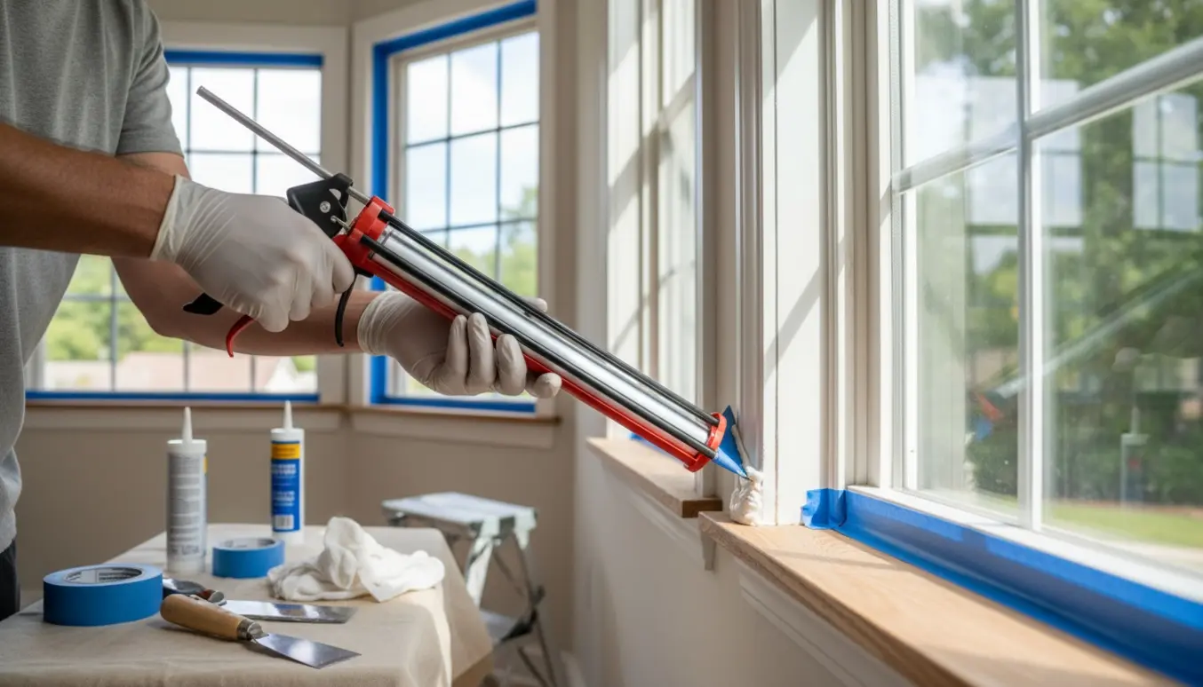 Nærbillede af indvendig fugning ved flere vinduer med fugepistol og glatteværktøj i et lyst rum.