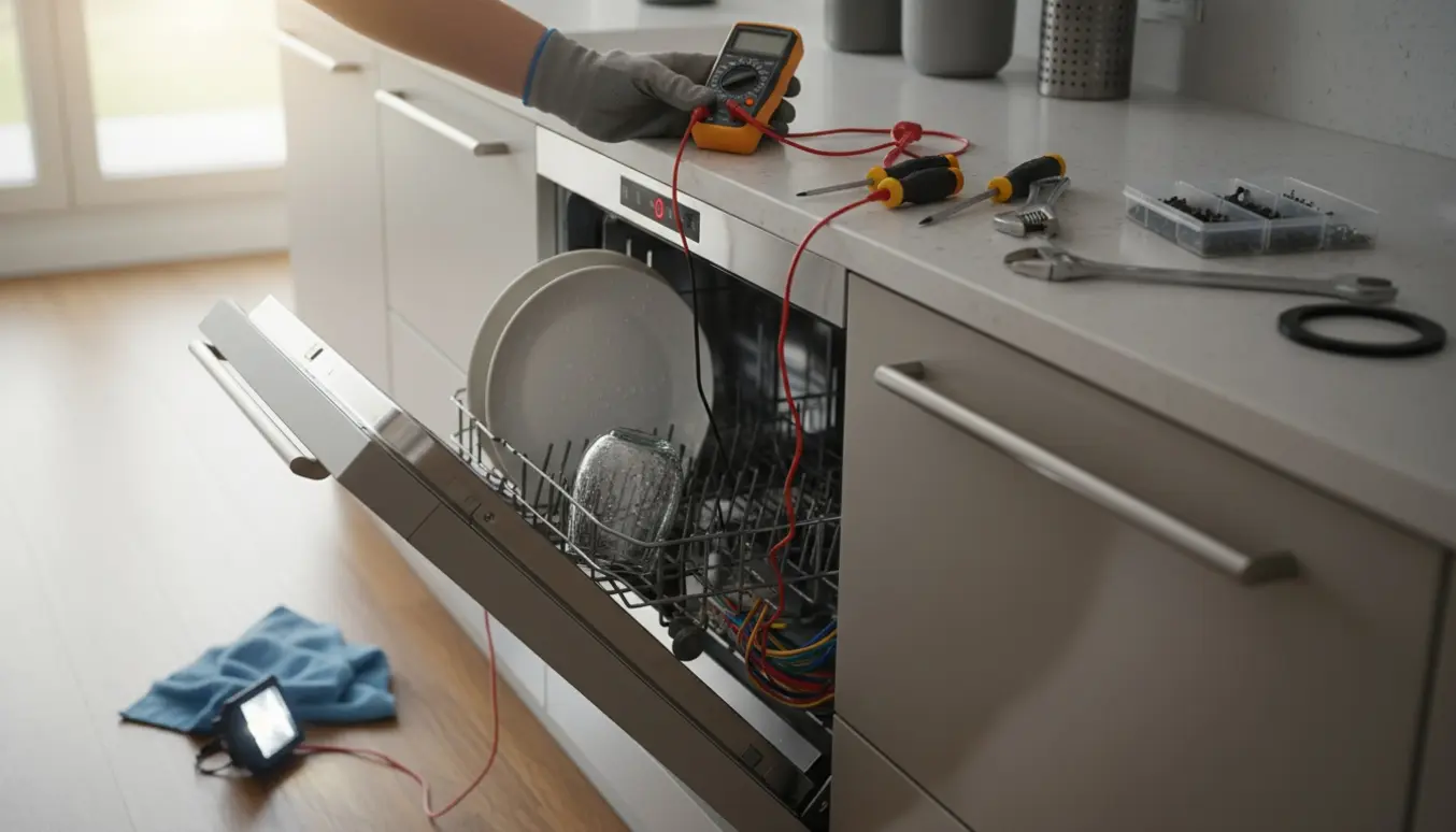 Åben opvaskemaskine under reparation i køkken med værktøj og rød advarselslampe på panelet.