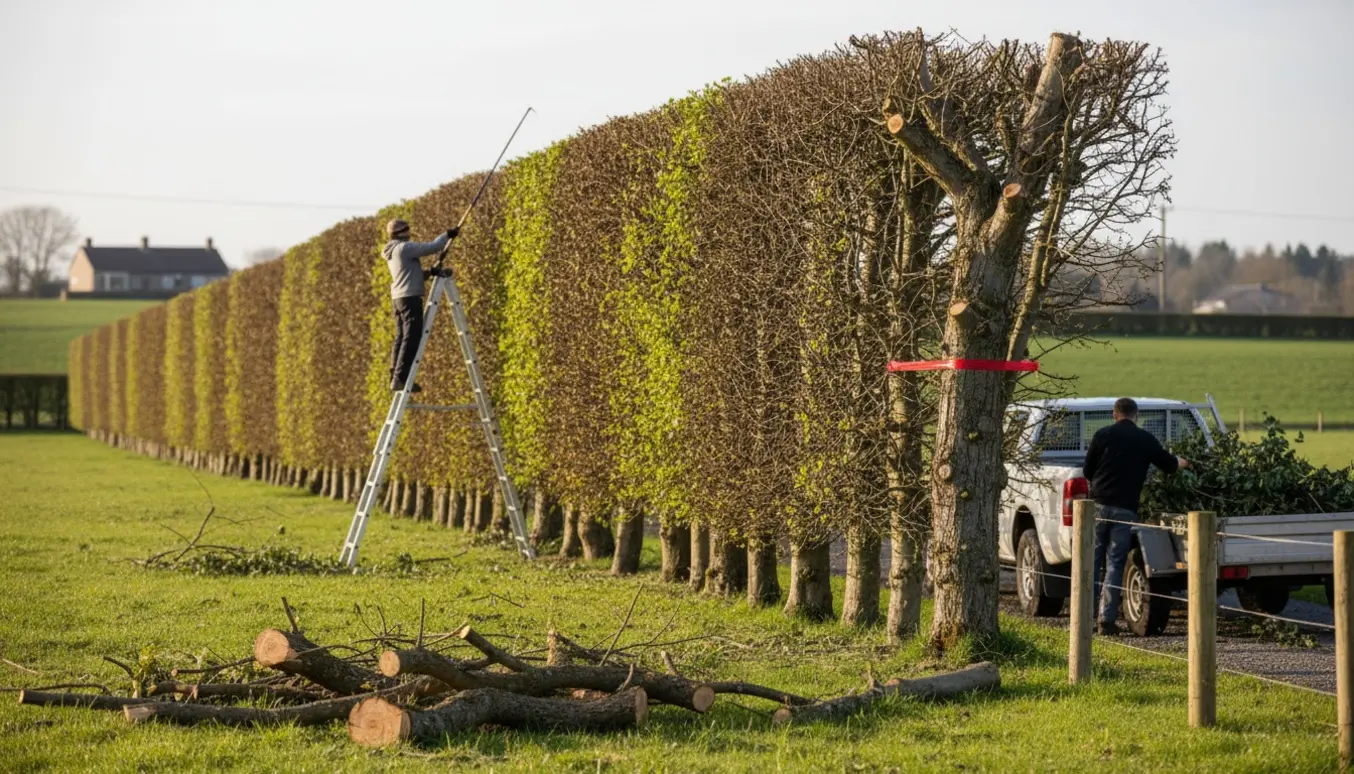 Arbejdere beskærer et læhegn, afskårne grene samles i en trailer klar til afhentning.