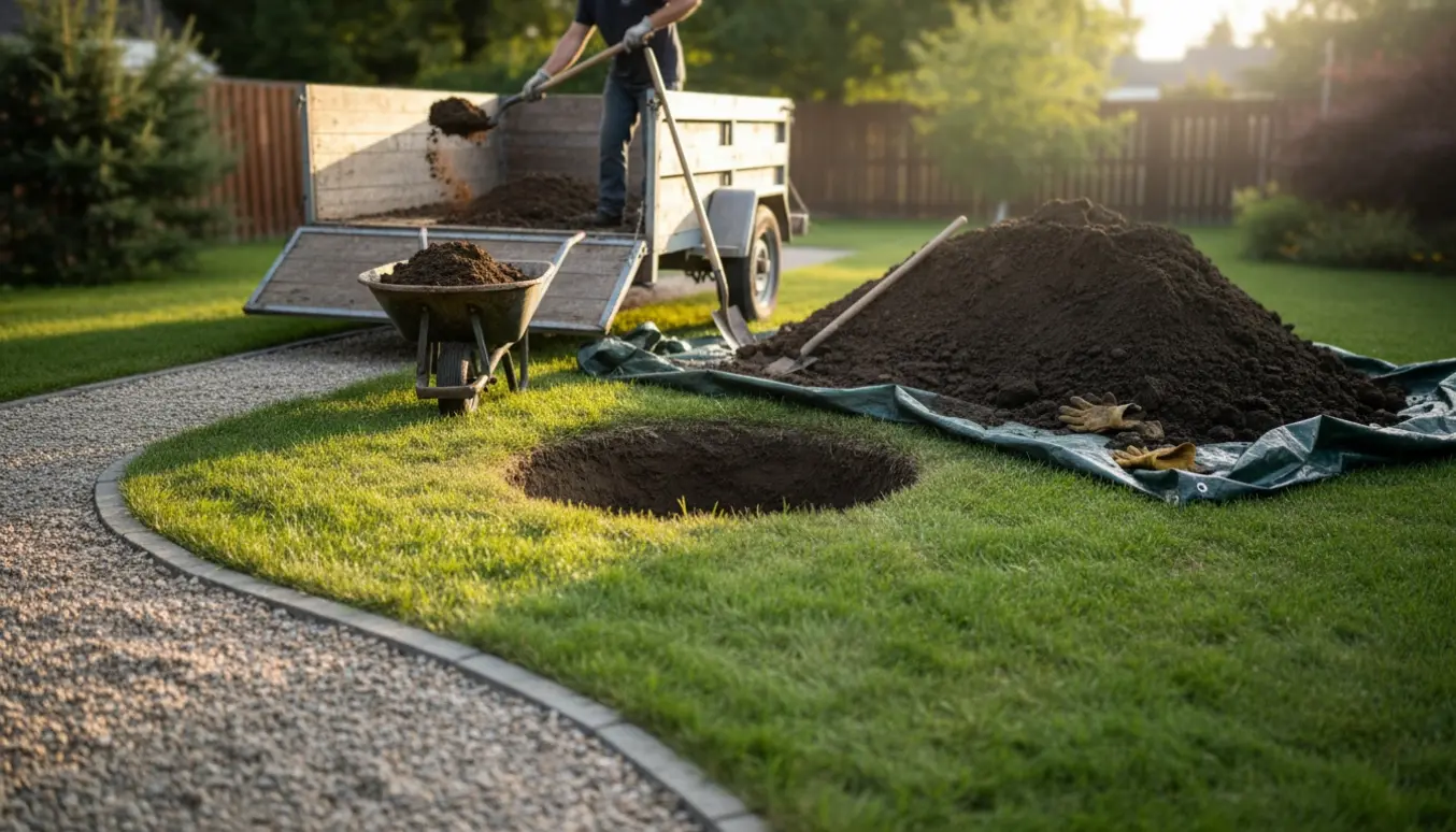 Trailer og skovl læsser jord fra et halvt udgravet trampolinhul i en forstadshave.