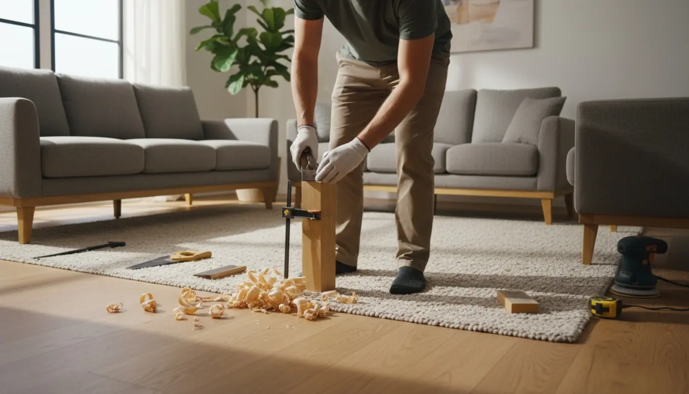 En snedker afkorter sofaben i en lys stue med værktøj og træspåner.