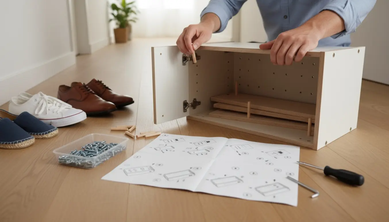 Delvist samlet skoskab på trægulv med værktøj og hænder klar til montering.