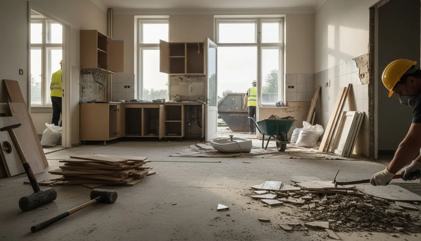 Delvist nedrevet lejlighed med værktøj, fjernede fliser, fodpaneler og en container til byggeaffald.