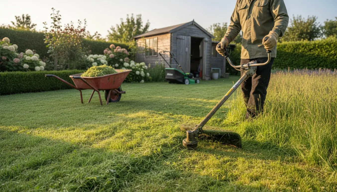 En person slår en overgroet græsplæne med en kraftig buskrydder, med friske afskårne striber og afklip i en trillebør.