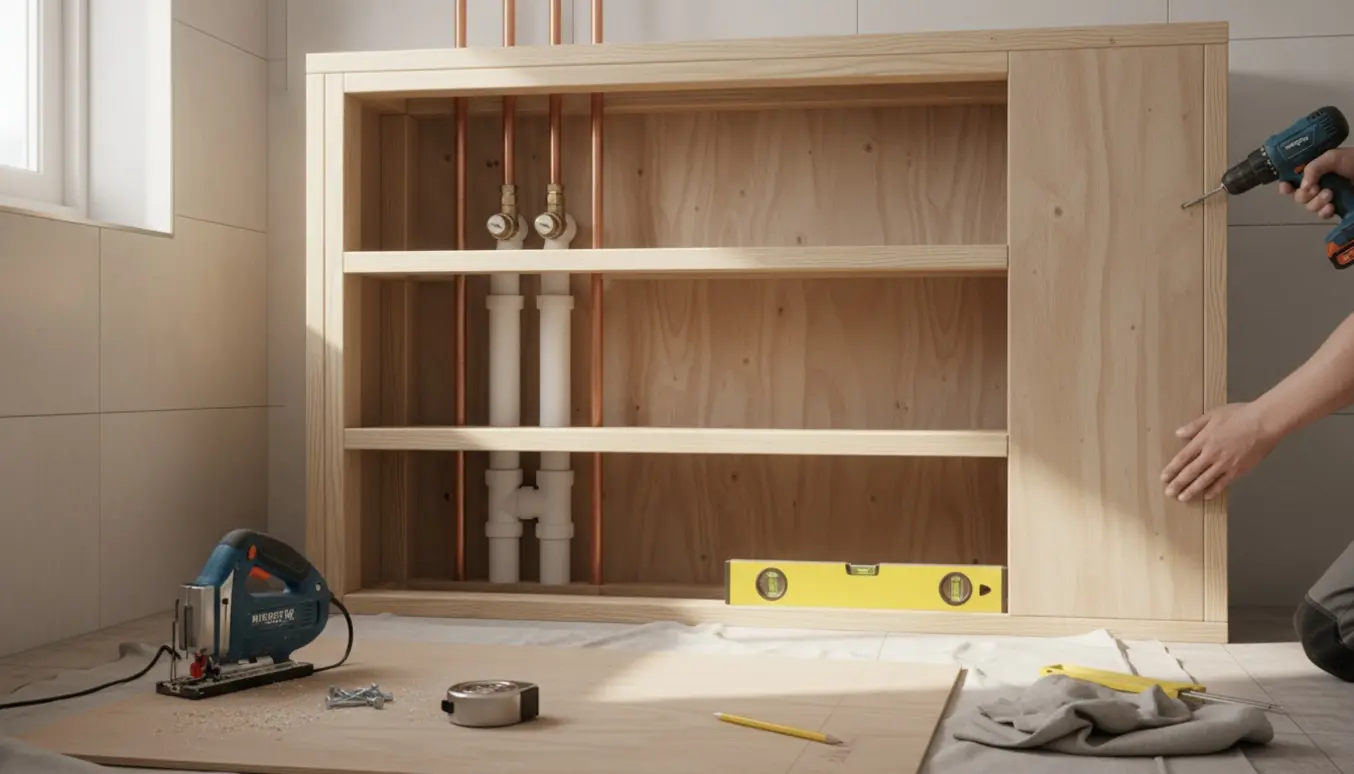 Delvist opført rørkasse med indbyggede hylder omkring VVS-rør, værktøj og træpaneler i et lyst bryggers.