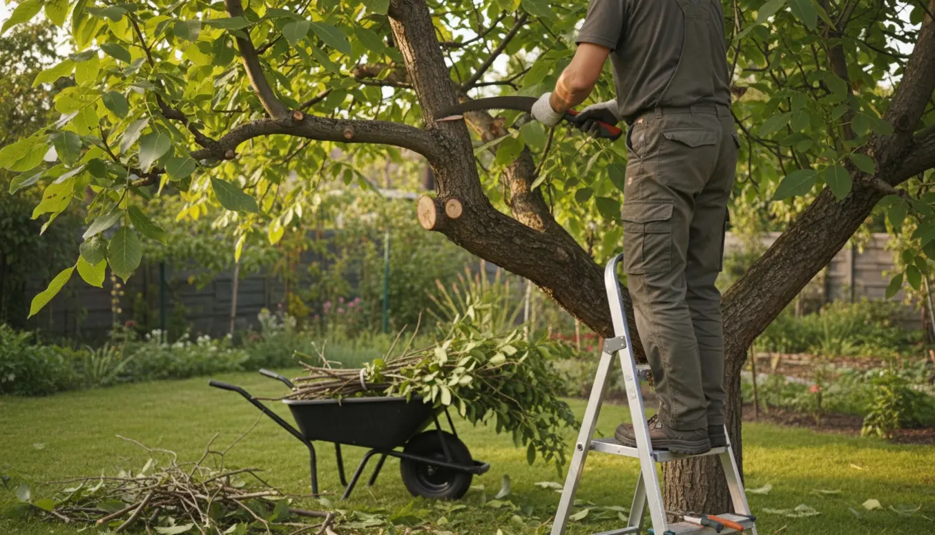 Beskæring af et modent valnøddetræ med en havearbejder set bagfra og afklippede grene i en trillebør.