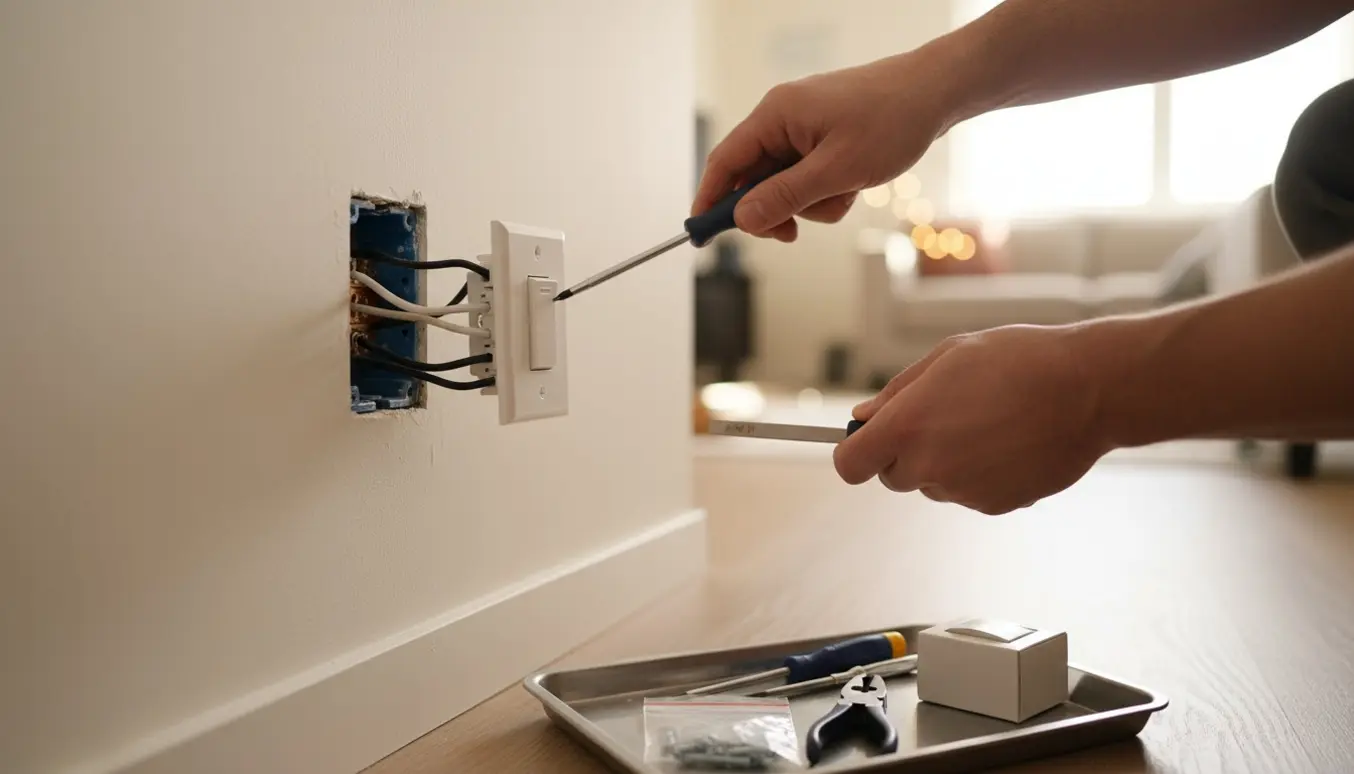 Hænder udskifter en vægafbryder med skruetrækker og en ny afbryder ved siden af i et lyst hjem.