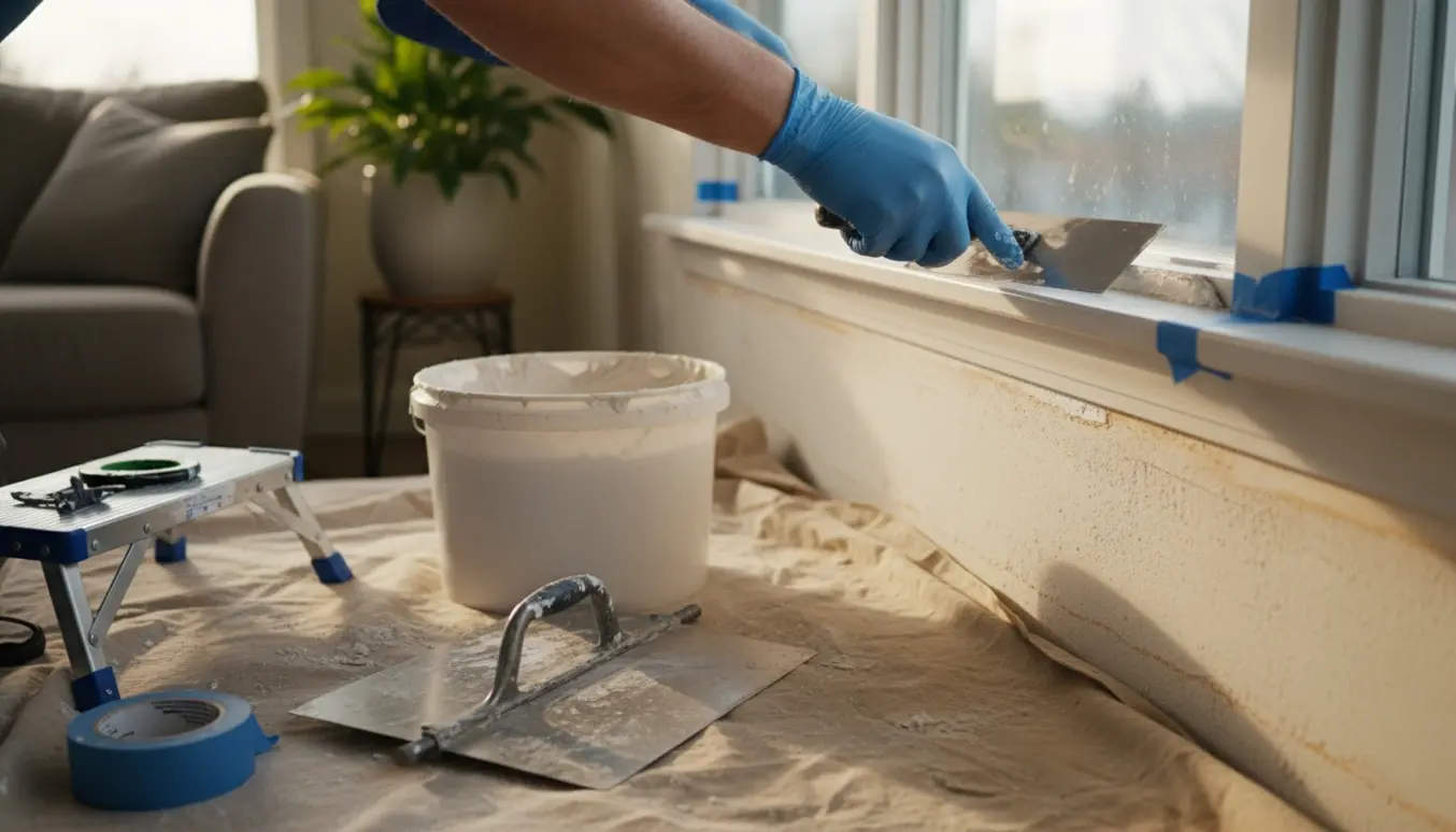 Hånd pudser underkanten af et stuevindue med murske og frisk puds.