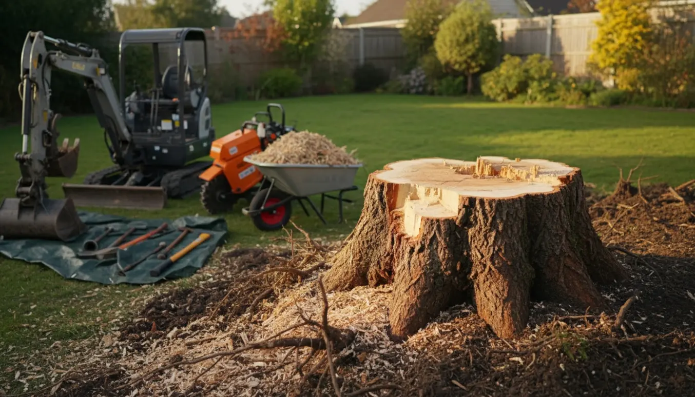 Stor afsavnet kristtjørnsstub omgivet af maskiner og træflis klar til fjernelse.