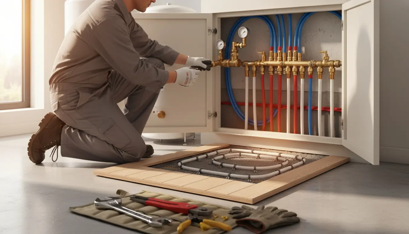 Tekniker tjekker gulvvarme og varmtvandsanlæg ved et åbent fordelerskab med synlige rør.